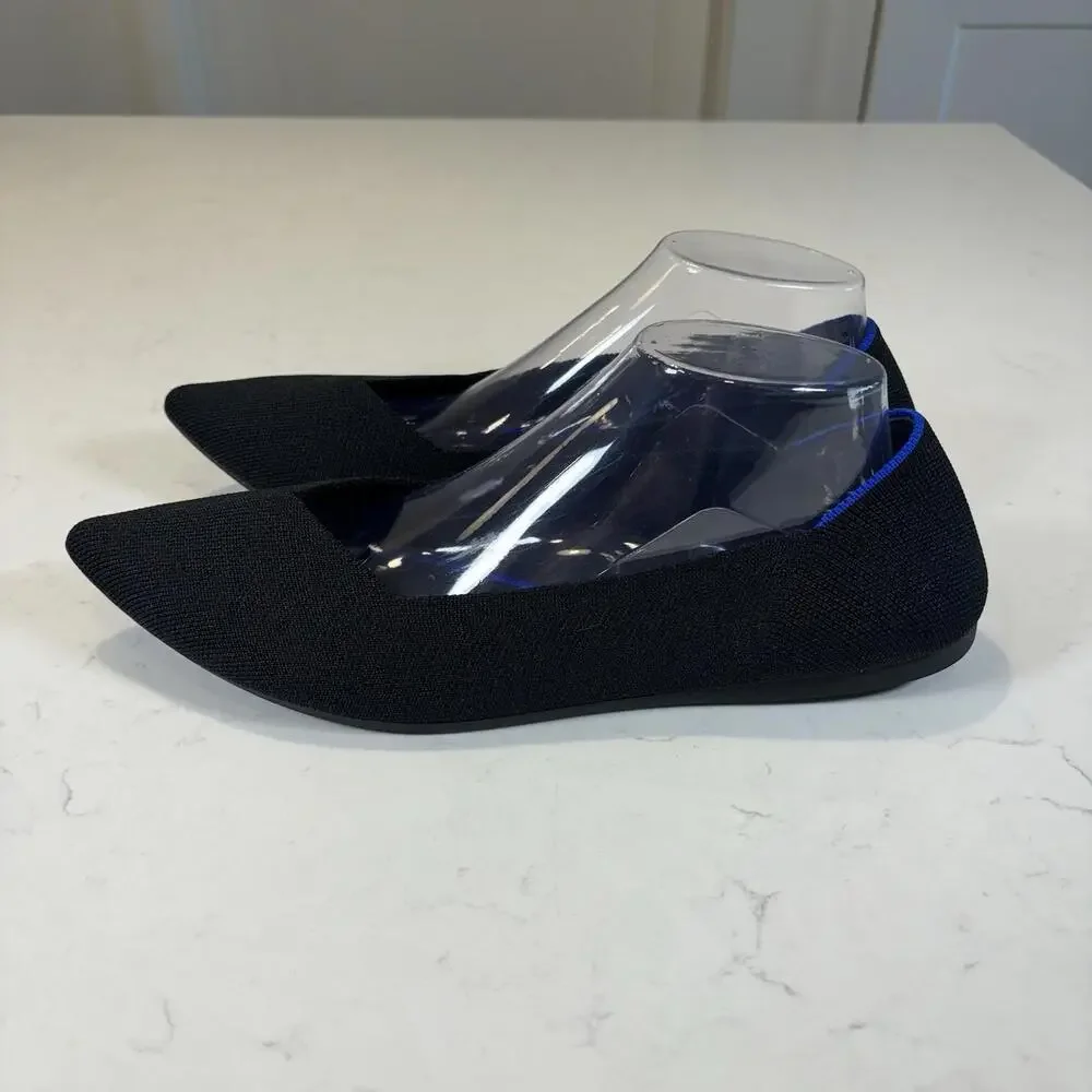 Rothy's Black Pointed Knit Flats with Blue Trim